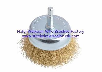 China 3 Inch Fine Stem Mounted Crimped Wire Cup Brush With Hex Shank Applied Edge Blending supplier